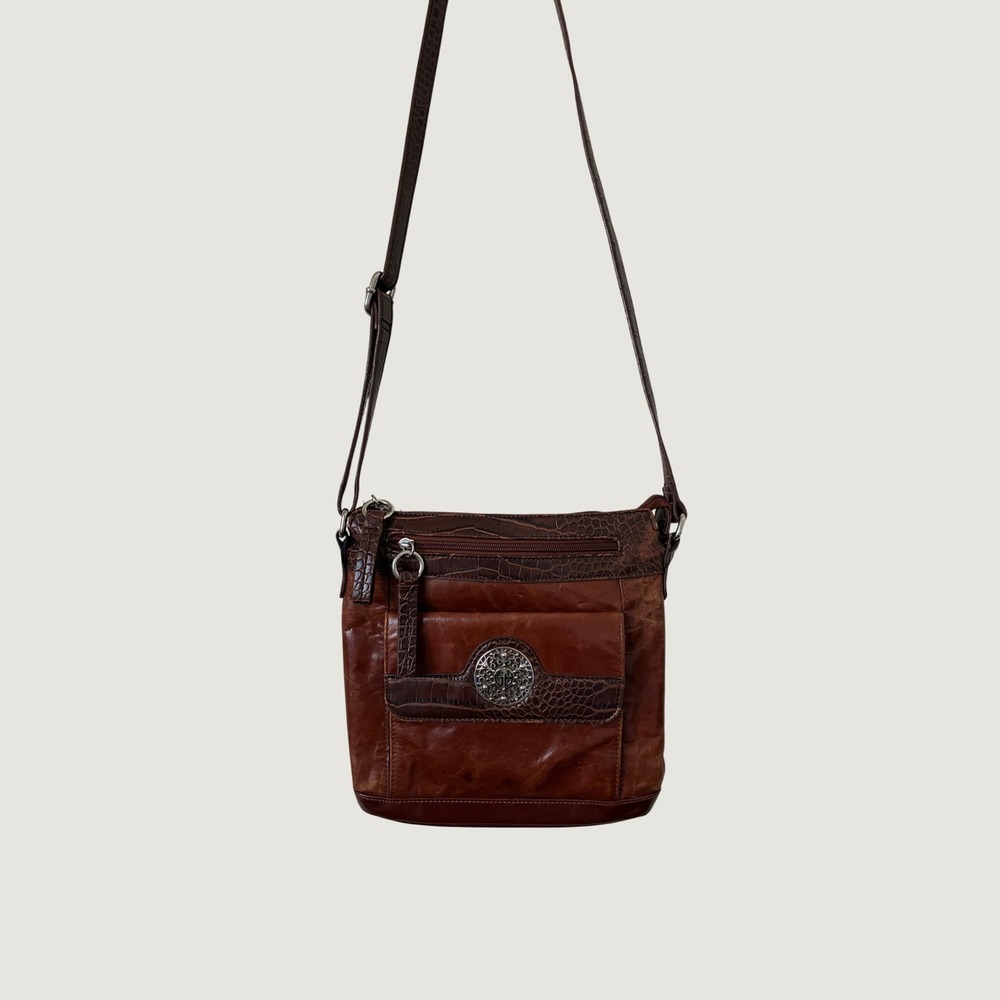 Giani Bernini Brown Leather Crossbody Bag Faux Croc Trim Wallet Organizer Pocket